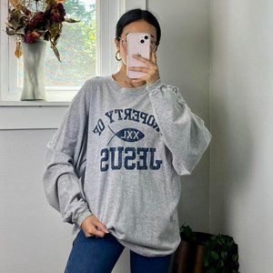 Property of Jesus t-shirt grey and blue- with Ichthys symbol- super comfy loose